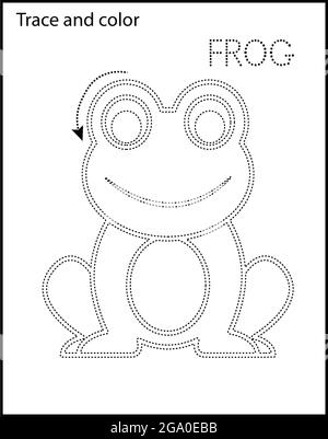 Printable coloring page for kindergarten and preschool tracing animal and names stock photo