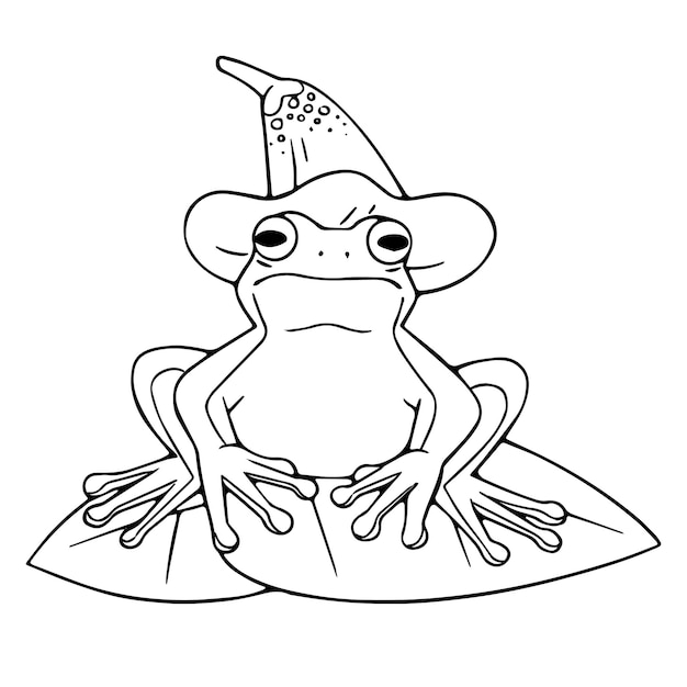 Premium vector cute frog sitting on water lily funny froggy in witch pointed hat outline toad with flower wild amphibian wetland animal swamp fauna lineart isolated vector illustration on white background