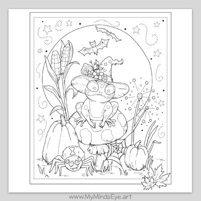 Halloween frog on a mushroom coloring page c