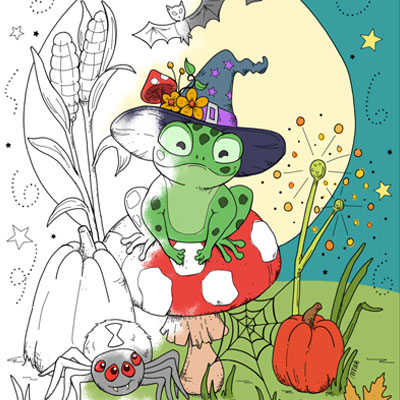 Halloween frog on a mushroom coloring page c