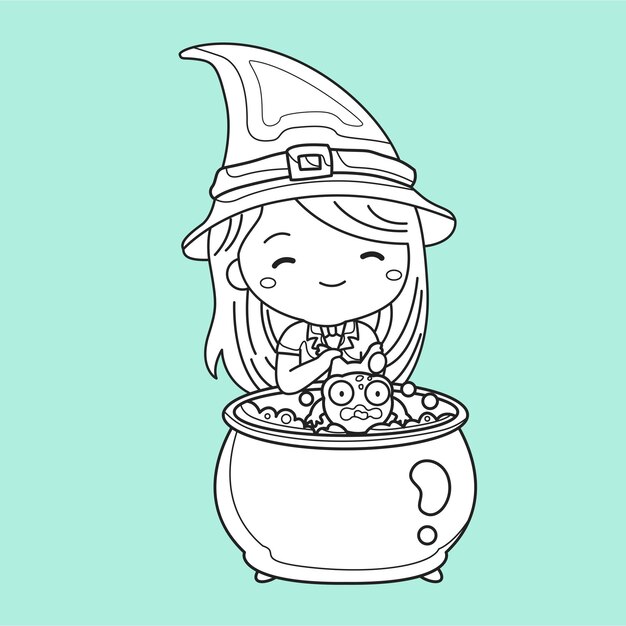 Premium vector cute halloween witch and frog cartoon digital stamp outline