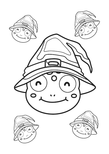Premium vector halloween frog with witch hat cartoon coloring for kids and adult activity