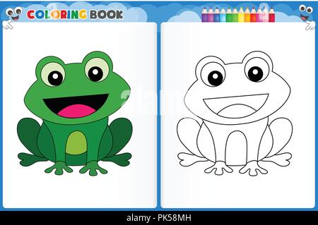 Coloring page cute frog with colorful sample printable worksheet for preschool kindergarten kids to improve basic coloring skills stock vector image art