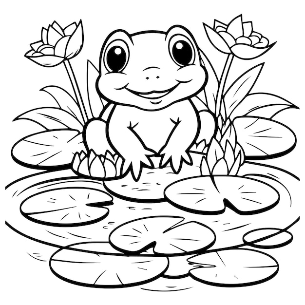 Premium vector baby frog in pond with lily pads and water lilies