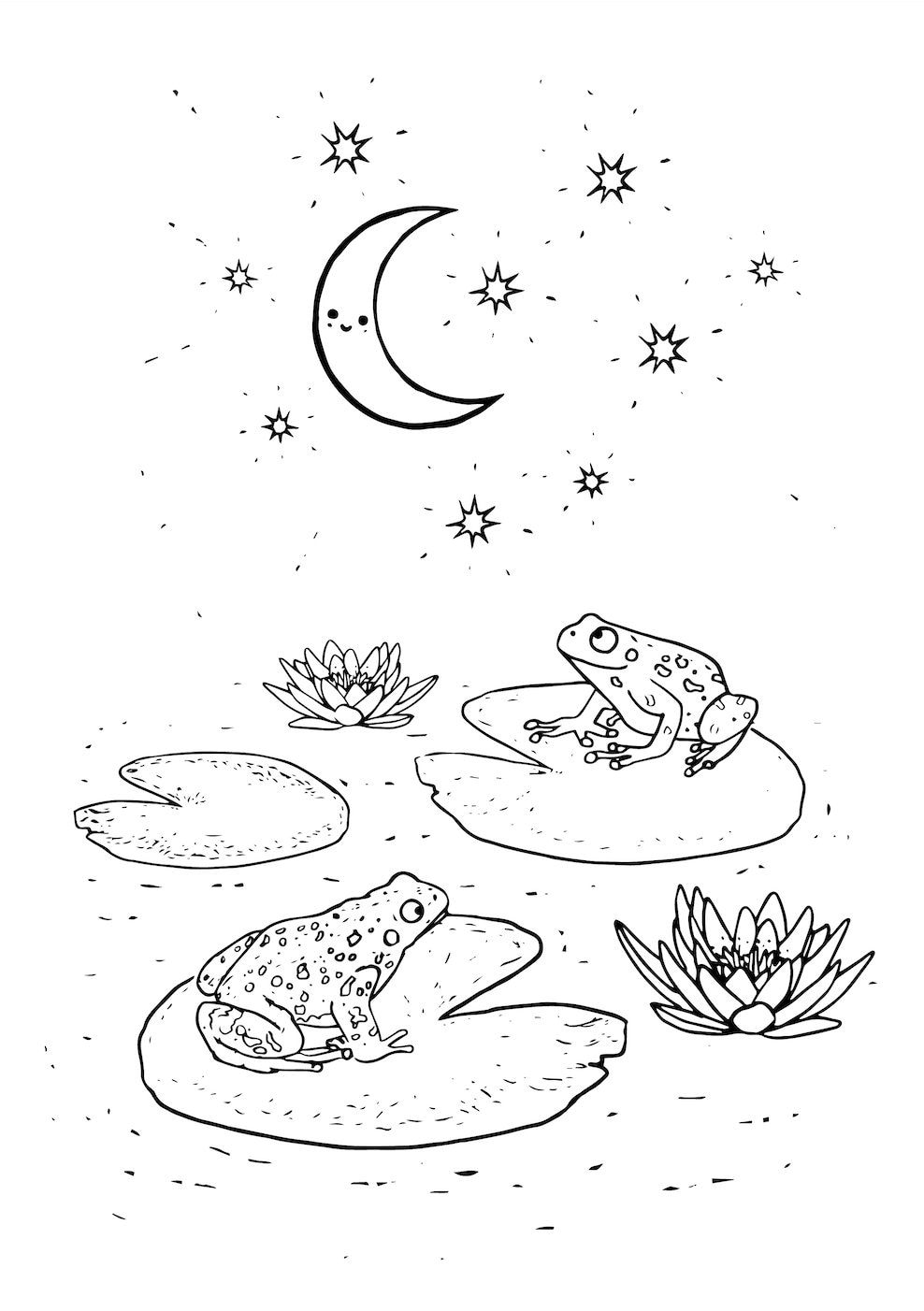 Frog colouring in sheet cute frogs on lily pads printable colouring page
