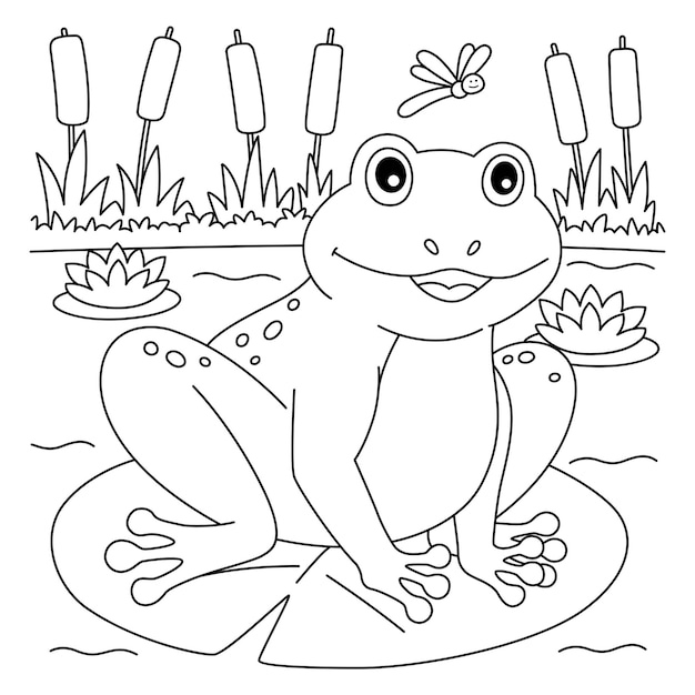 Premium vector spring frog on a water lily coloring page for kids