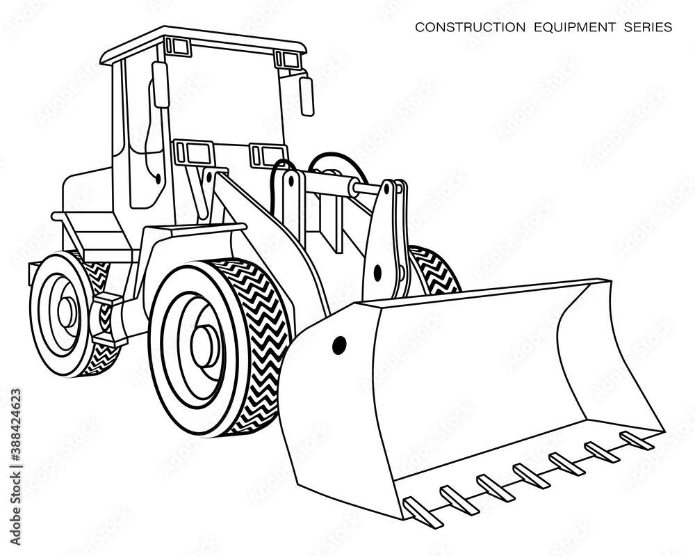 Children linear drawing for coloring book construction equipment loader bulldozer in linear industrial machinery and equipment isolated vector on white vector