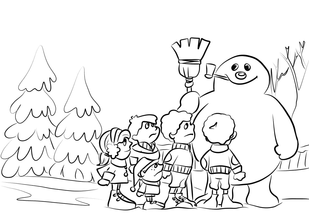 Kids and frosty the snowman coloring page