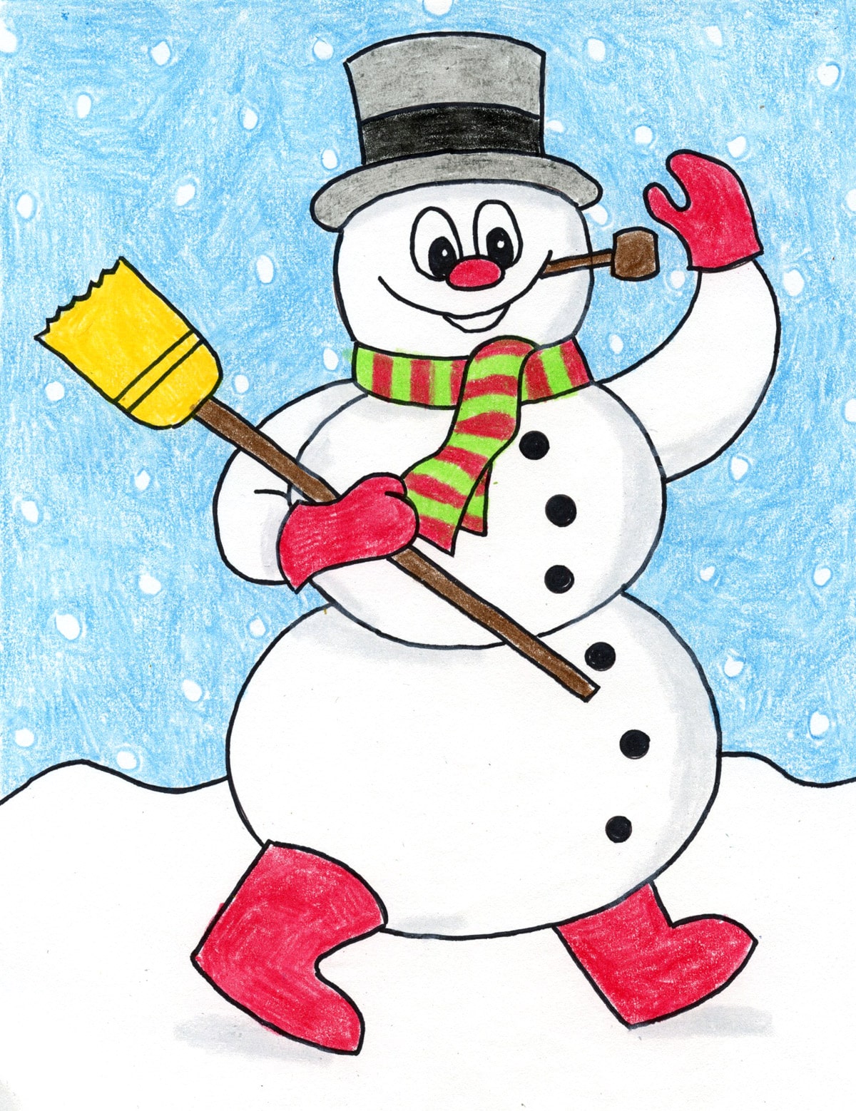 Easy how to draw frosty the snowman tutorial and coloring page