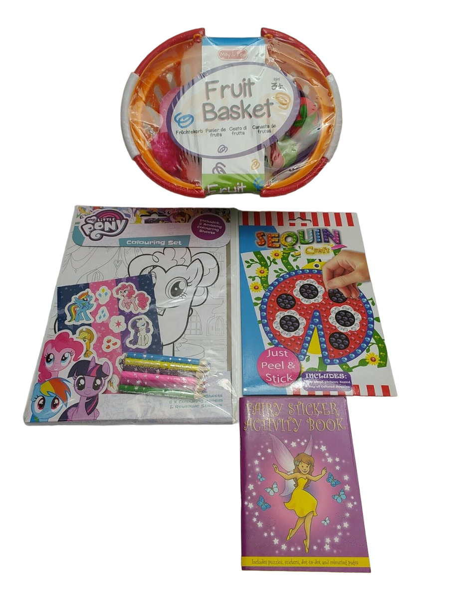 Fruit basket toy sequin craft louring set activity book rip in cellophane