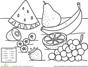 Color by number fruit worksheet education coloring worksheets for kindergarten printables free kids teaching toddlers