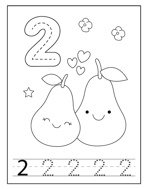 Premium vector number coloring page with cute fruits