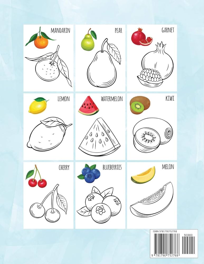 Fruits coloring book kids coloring book with easy and understandable coloring pages for toddler kids ages pages have a color examples and fruit names books