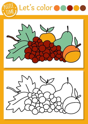 Premium vector garden coloring page for children with fruit vector autumn outline illustration with harvest color book for kids with colored example drawing skills printable worksheetxa