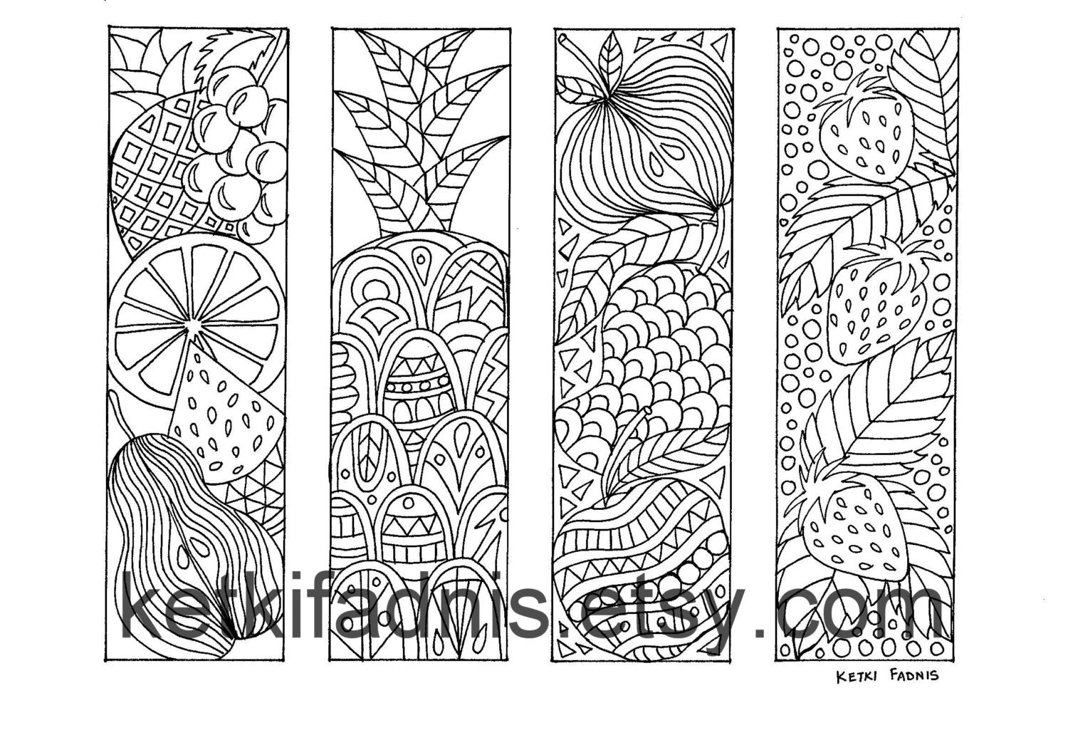 Coloring bookmarks fruits bookmarks coloring page instant pdf download digital download hand drawn diy coloring page instant download