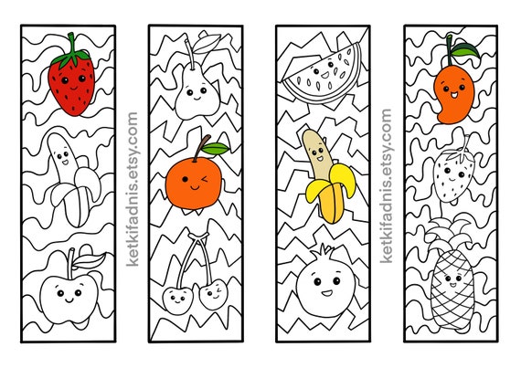 Kawaii fruit coloring bookmarks bookmarks coloring page pdf download digital download coloring page colouring bookmarks