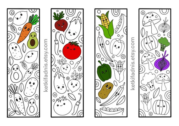 Kawaii vegetables coloring bookmarks bookmarks coloring page pdf download digital download coloring page colouring bookmarks
