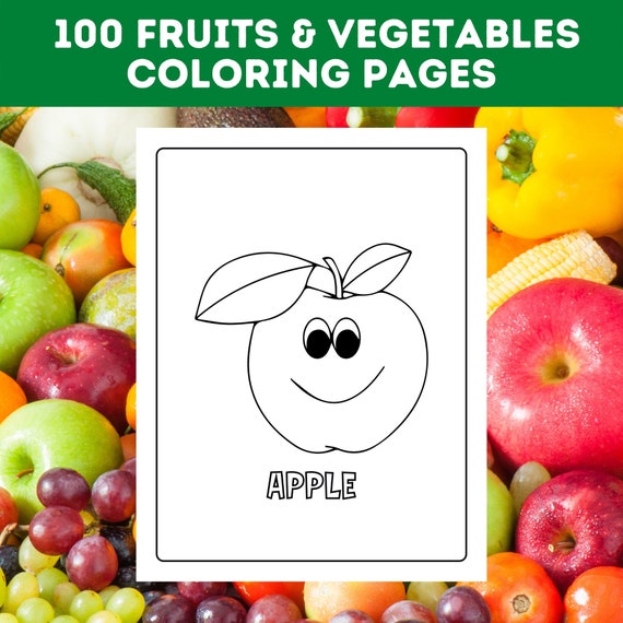 Fruits vegetables coloring pages bundle fruits and vegetables food printable kids fruits vegetables coloring book instant download