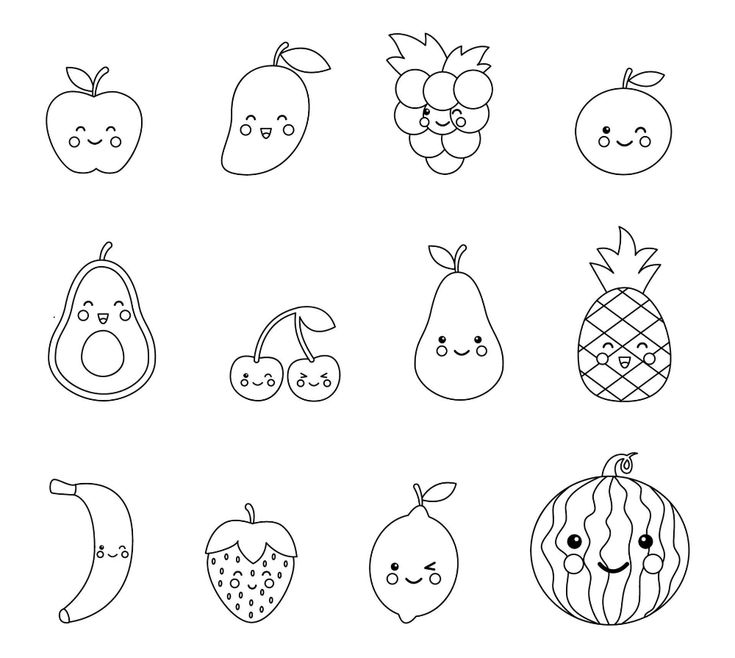 Pãgina para colorear con lindas frutas y bayas kawaii conjunto de frutas blancas y negras ìì êµë íìì ìëë íìì ììí êì