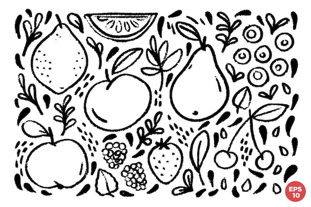 Conjunto de frutas y bayas grungy dibujadas a mano imãgen grãficas lineal de alimentos vector ingenuo cliparts de un color con frutas bayas hojas y semillas vector premium