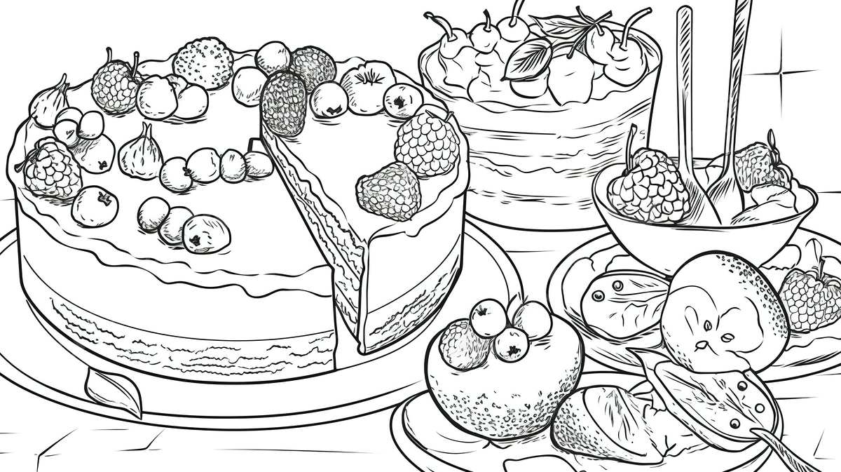 Fondo pãgina para colorear pastel con frutas y bayas en ãl fondo postre para colorear imagen postre alimento imagen de fondo para dcarga gratuita