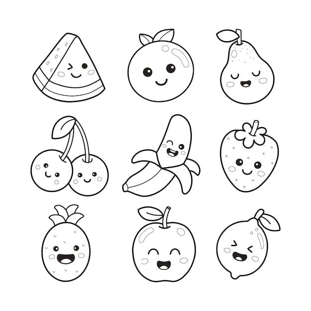 Premium vector cute fruits character printable coloring page pãginas para colorir bonitos desenhos fãceis frutas para colorir