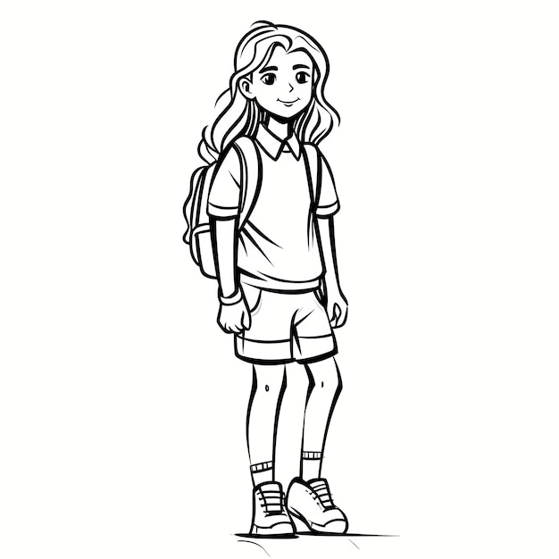 Premium photo beautiful outline coloring page full body shot of a school girl for kids