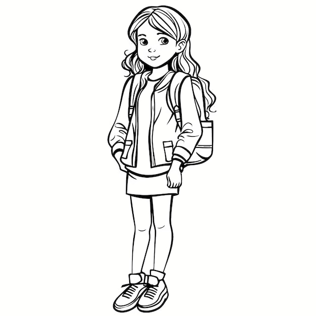 Premium photo beautiful outline coloring page full body shot of a school girl for kids