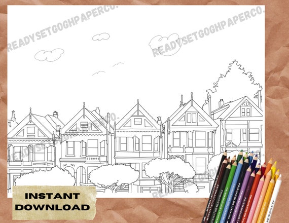 The painted ladies san francisco coloring page full house home instant download pdf adult coloring sheet architecture illustration