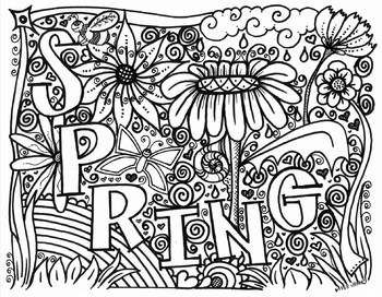 Spring coloring page with flowers bugs butterflies clouds rain fun