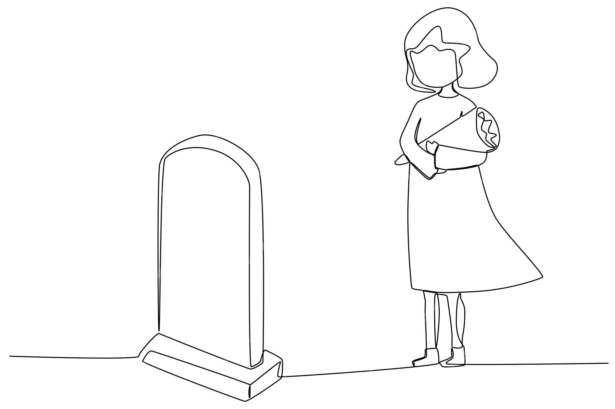 Premium vector a daughter brings flowers to her mothers funeral one line drawing