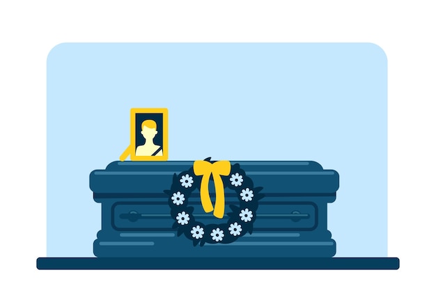 Premium vector dead man coffin and photo flat color funeral tradition burial ceremony ritual service d cartoon interior with deceased male picture and flowers wreath on background