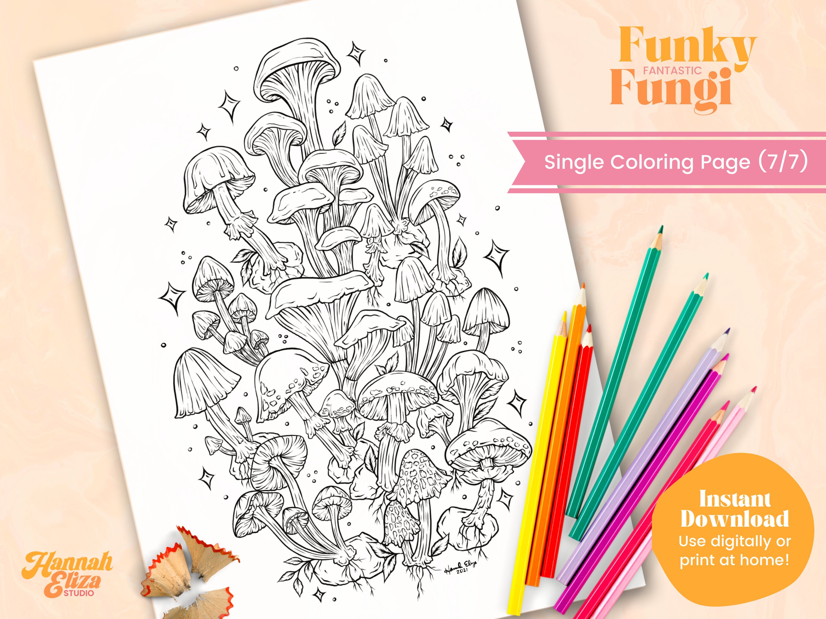 Mushroom printable coloring page single adult coloring page books for adults coloring therapy instant download fungi colouring page