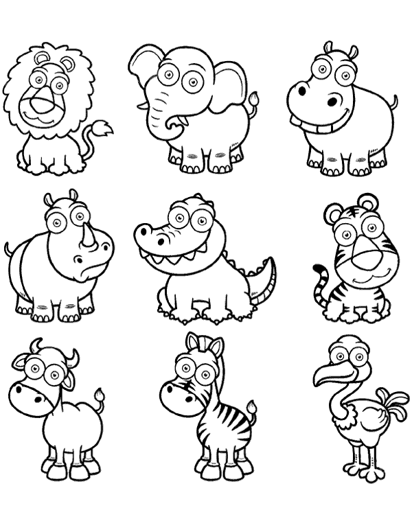 Various wild animals coloring page for toddlers