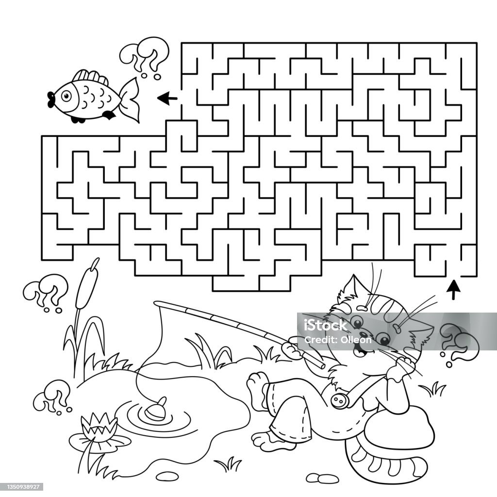 Maze or labyrinth game puzzle coloring page outline of cartoon cat with fishing rod fun fisher coloring book for kids