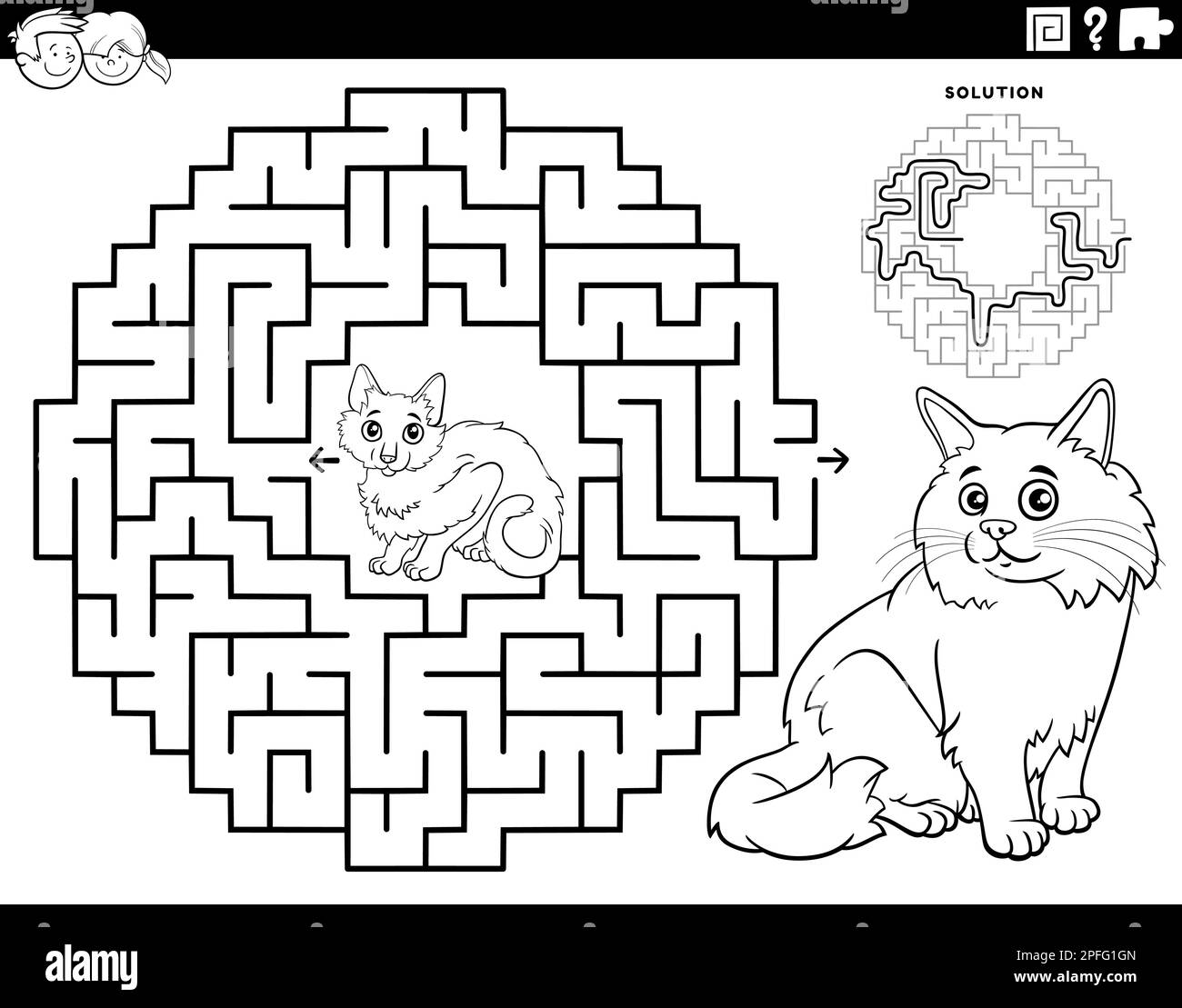 Black and white cartoon illustration of educational maze puzzle game for children with funny cats animal characters coloring page stock vector image art