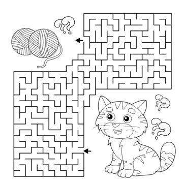 Maze or labyrinth game puzzle coloring page outline of cartoon cat with ball of yarn coloring book for kids vector