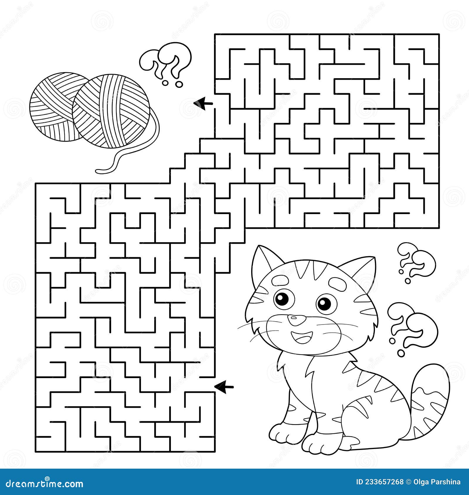 Maze or labyrinth game puzzle coloring page outline of cartoon cat with ball of yarn stock vector