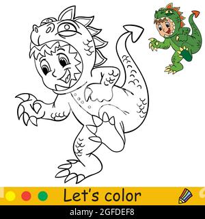 Funny boy in dragon costume halloween concept coloring book page for children with colorful template vector cartoon illustration for print presch stock vector image art