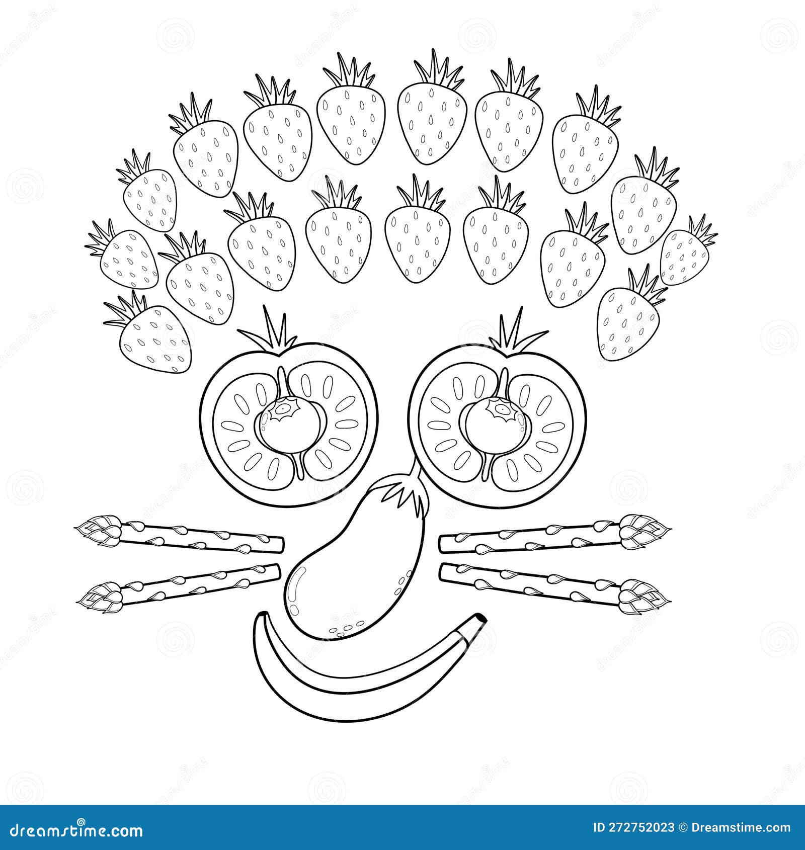 Black and white funny smiling fruit and vegetable face funny food coloring page stock vector