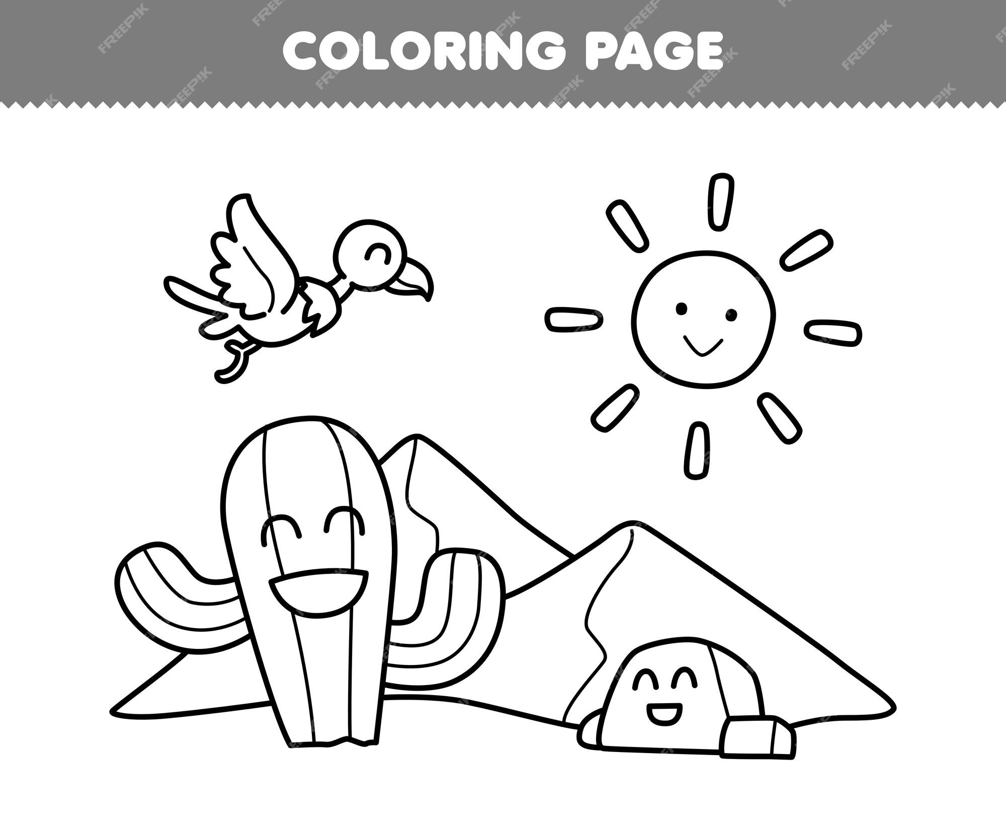 Premium vector education game for children coloring page of cute cartoon cactus rock and vulture in the desert line art printable nature worksheet