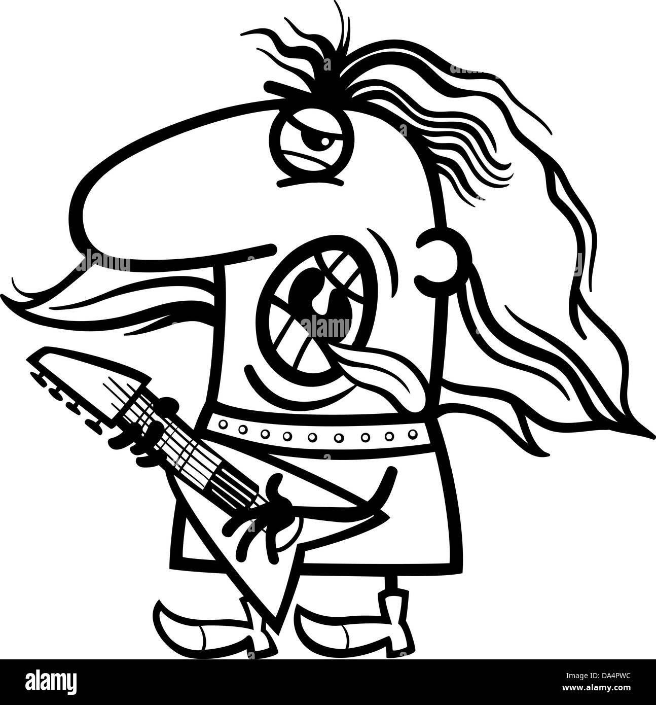 Black and white cartoon illustration of funny rock man musician with electric guitar profession occupation coloring page stock photo
