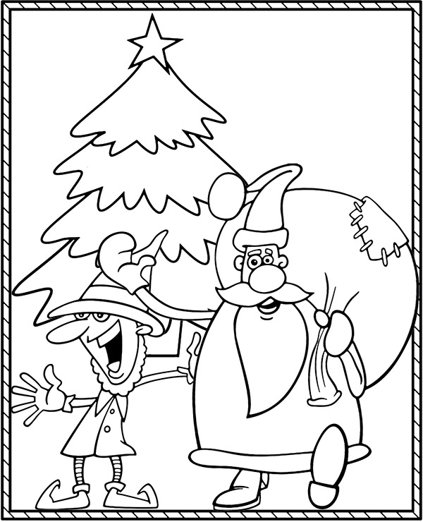 Elf and santa claus coloring page