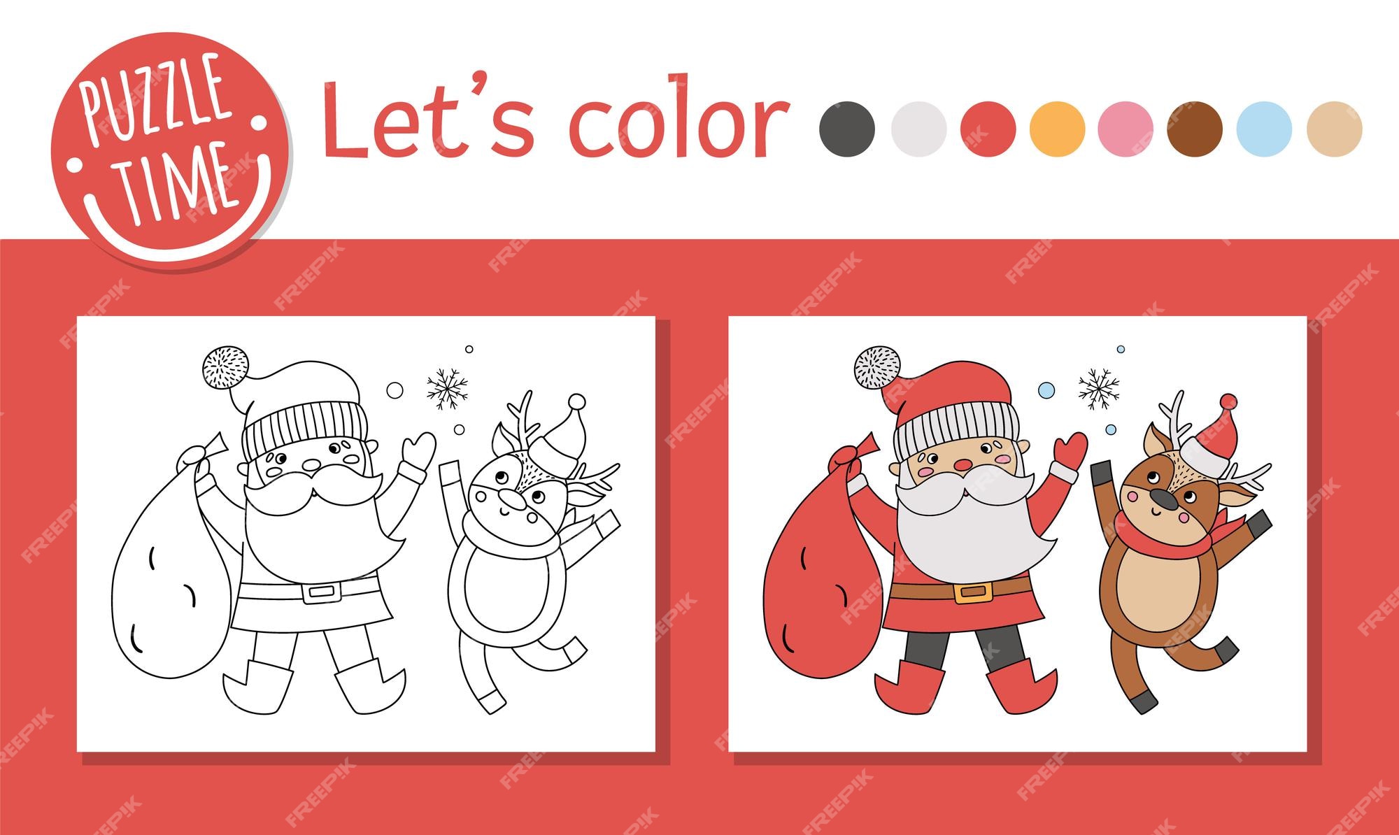 Premium vector christmas coloring page for children funny santa claus with deer vector winter holiday outline illustration with santa and reindeer new year party color book for kids with colored example