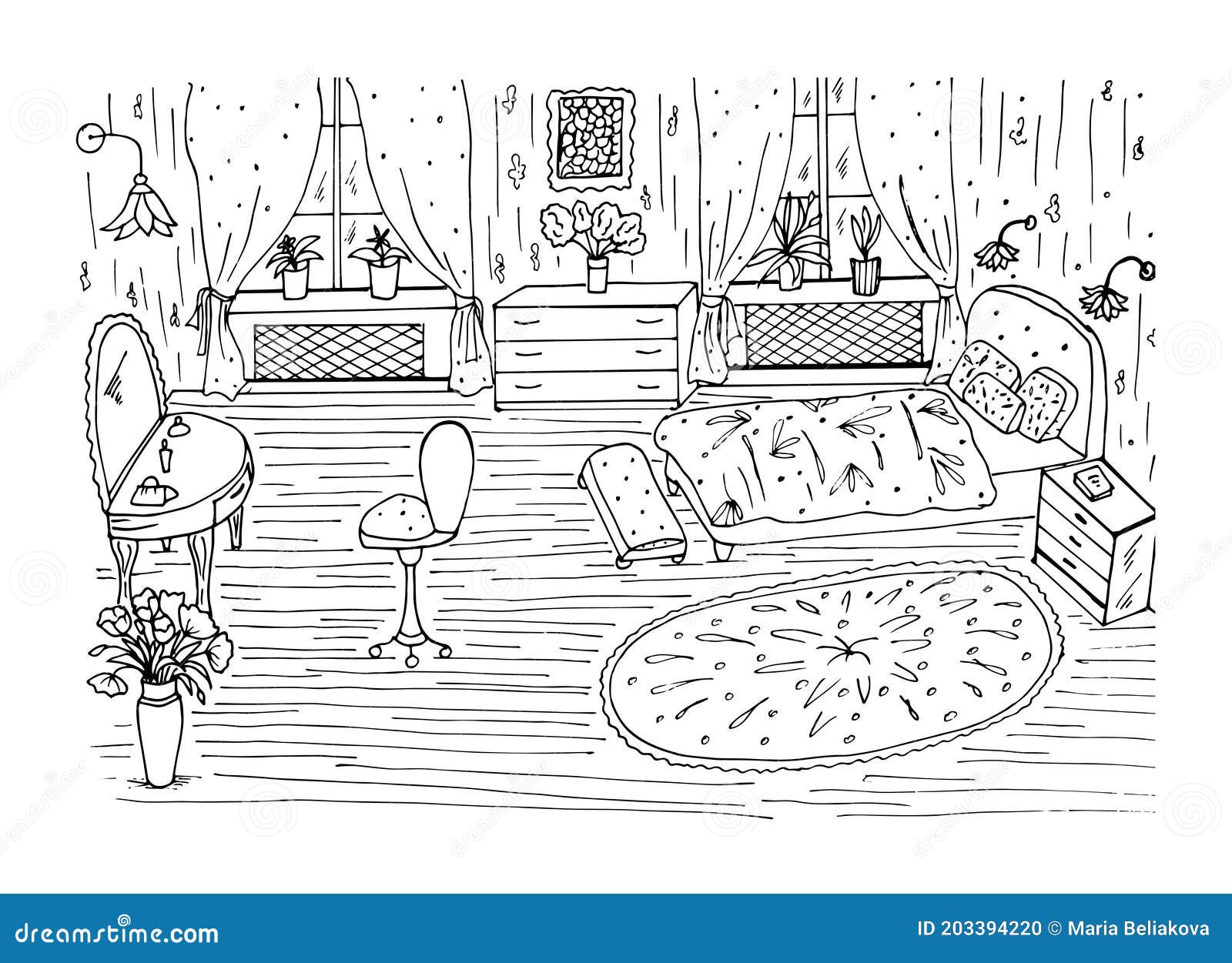 Coloring book with bedroom furniture flowers home textiles stock illustration