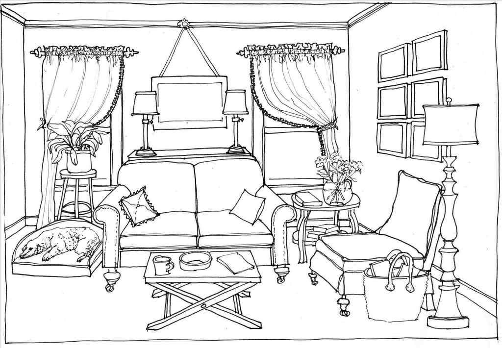 Retro modern sofa furniture coloring page interior design sketches drawing interior perspective drawing