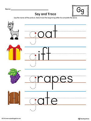 Say and trace letter g beginning sound words worksheet color