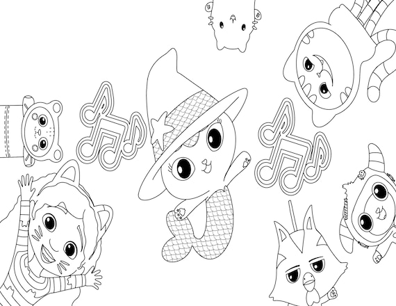Gabbys dollhouse halloween coloring sheet with gabby and friends in costumes