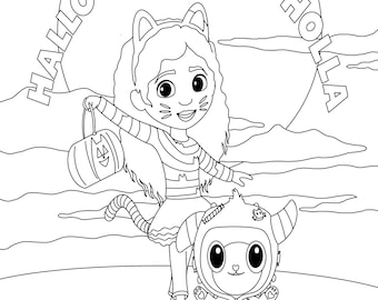 Gabbys dollhouse halloween coloring sheet featuring gabby and pandy in halloween costume digital download