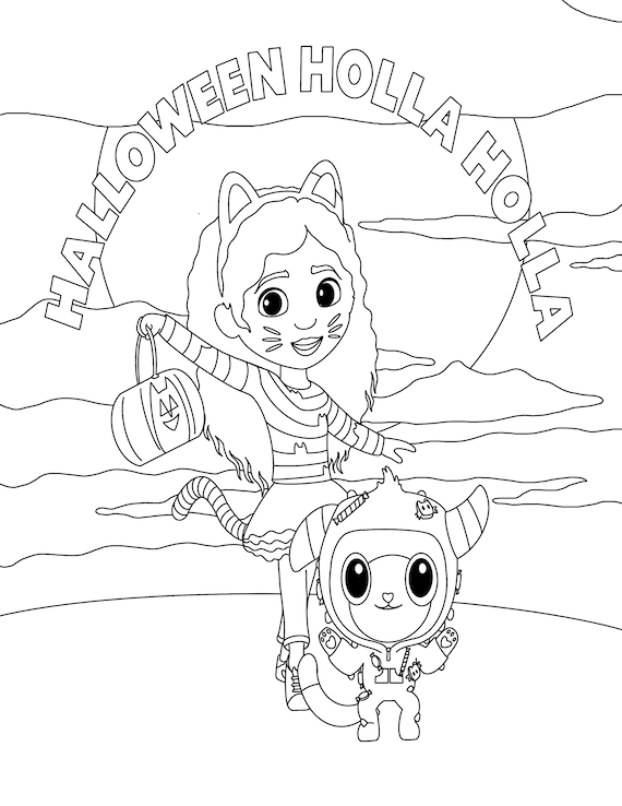 Gabbys dollhouse halloween coloring sheet featuring gabby and pandy in halloween costume digital download